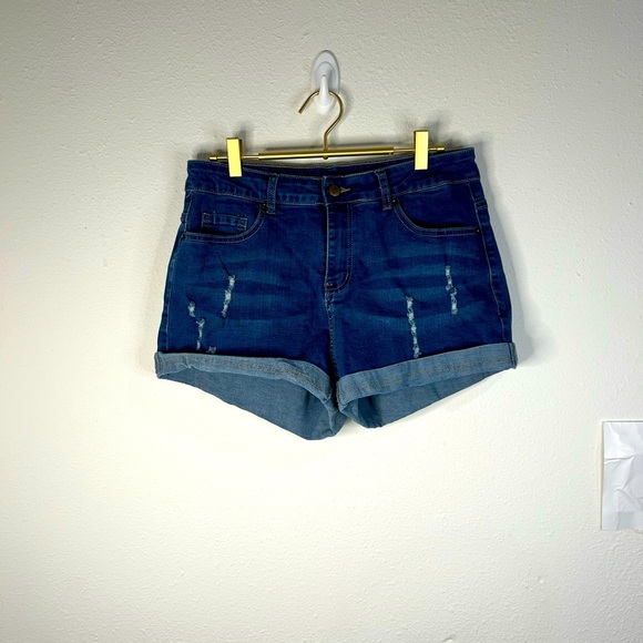 Womens Distressed Cuffed Denim Shorts Large High Rise Stretch Blue Casual Summer - Picture 2 of 6